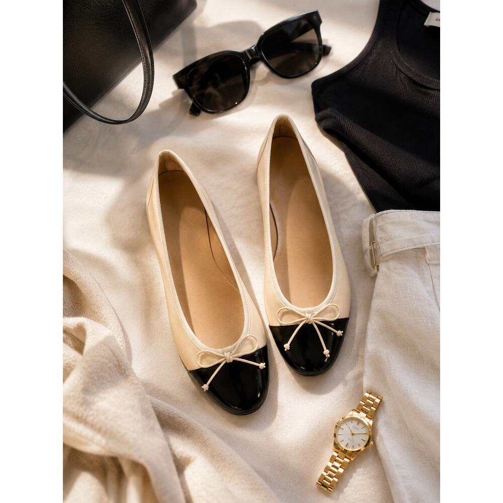 M.Gemi Cap Toe Ballet Flats 41 / US 10 Cream Black Patent Leather Italian New